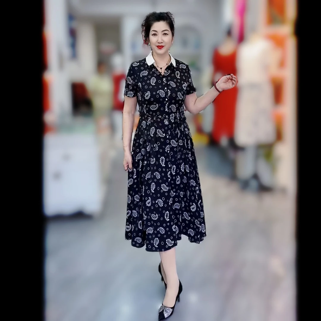 爆款时尚印花连衣裙女新款娃娃领气质减龄女神范遮肚显瘦裙子潮