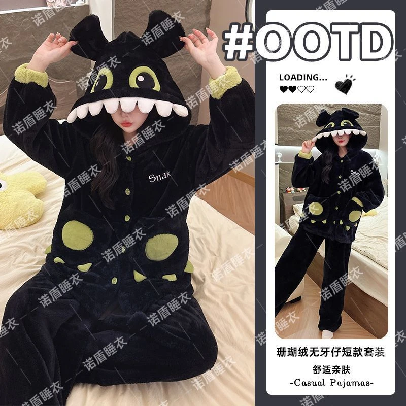 2025冬季新款珊瑚绒保暖加绒加厚睡衣睡衣女黑色可外穿家居服套装