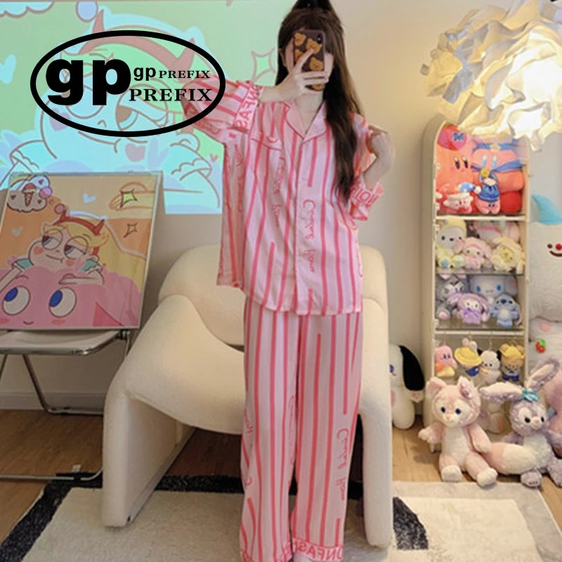 日本GP睡衣女夏冰丝长袖睡衣新款家居服宽松网红芭比甜美条GP睡衣