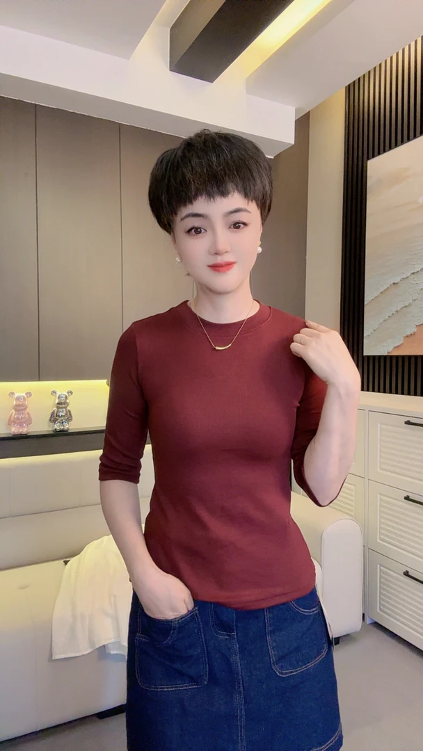 2025新款五分袖圆领耐磨染色螺纹T恤内搭打底衫