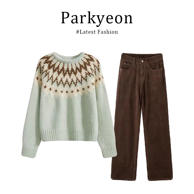 parkyeon日系湖蓝色费尔曼岛毛衣针织衫裤子小个子两件套装女秋冬