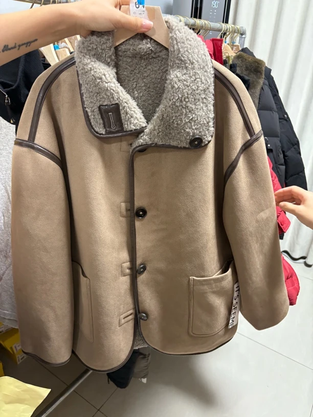 翻领常规长袖女冬季加厚立领休闲咖色常规款短外套