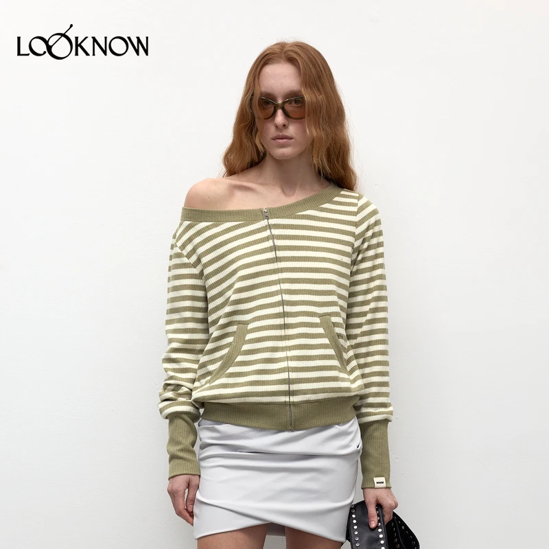madeinormal设计师品牌LOOKNOW25春季新款绿白条纹斜肩针织外套