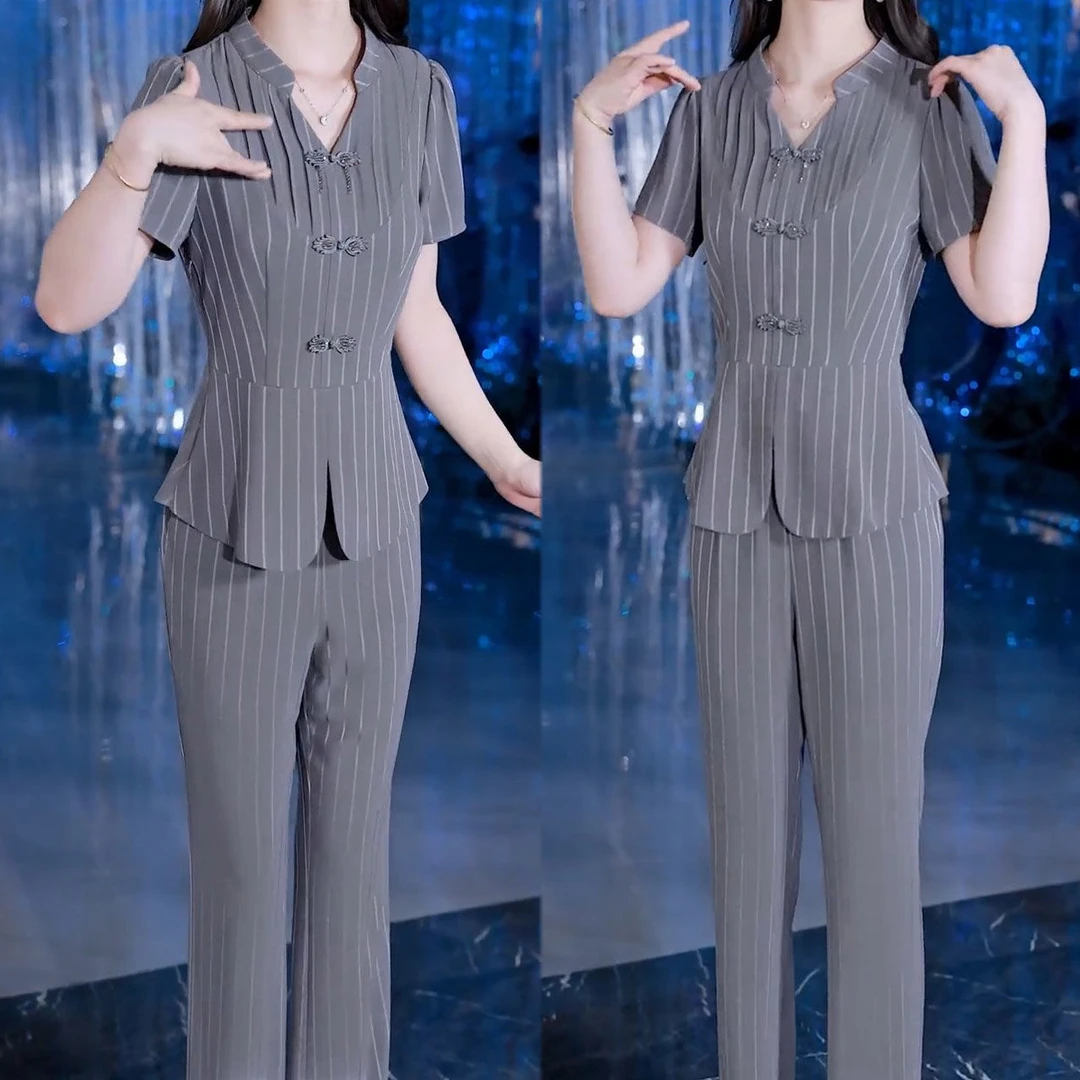 2025夏季新款时尚职业显瘦国风盘扣短袖上衣微喇叭裤子两件套装女