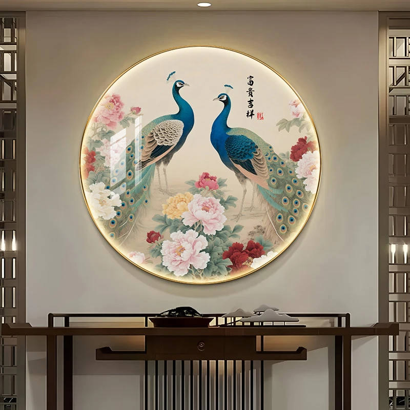 新中式入户玄关装饰画现代孔雀餐厅挂画茶室客厅背景墙走廊墙画