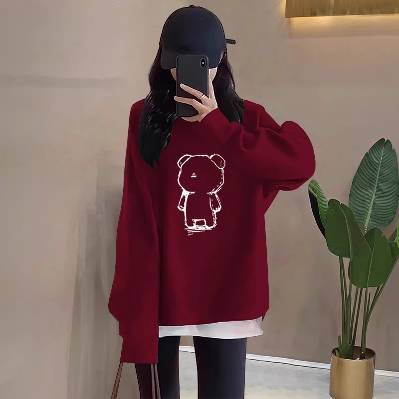 假两件圆领卫衣女2025秋冬新款中长款盖遮屁股加绒加厚酒红色卡通