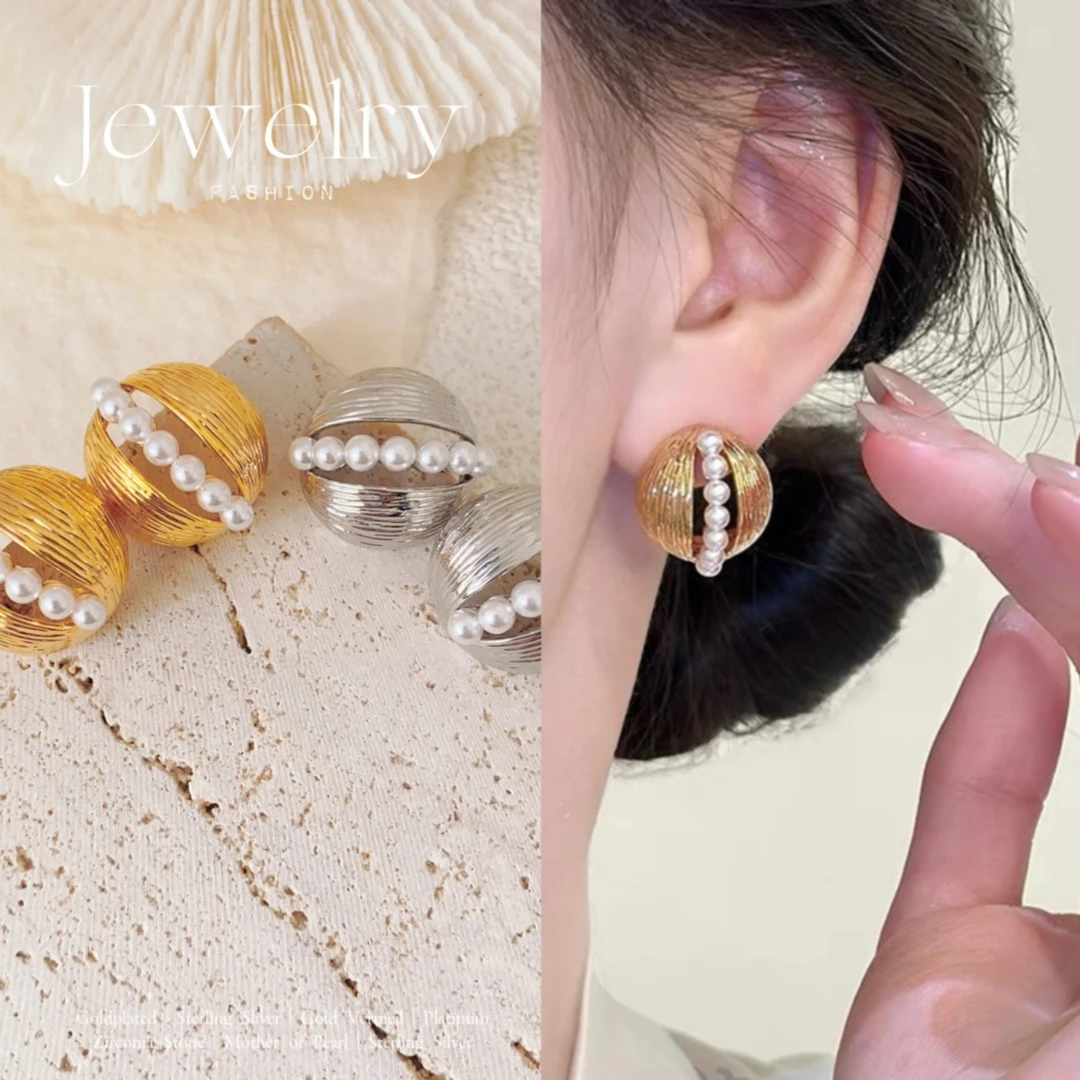 铜合金仿珍珠耳饰 欧美简约原创设计几何形金色耳环饰品ins法式