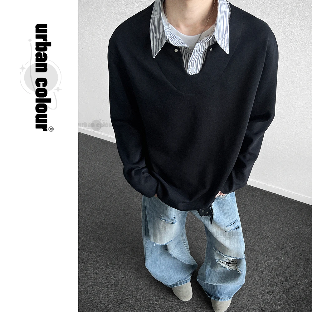 美式假两件衬衫领短袖T恤男潮牌重磅半袖Polo衫秋装新款拼接上衣