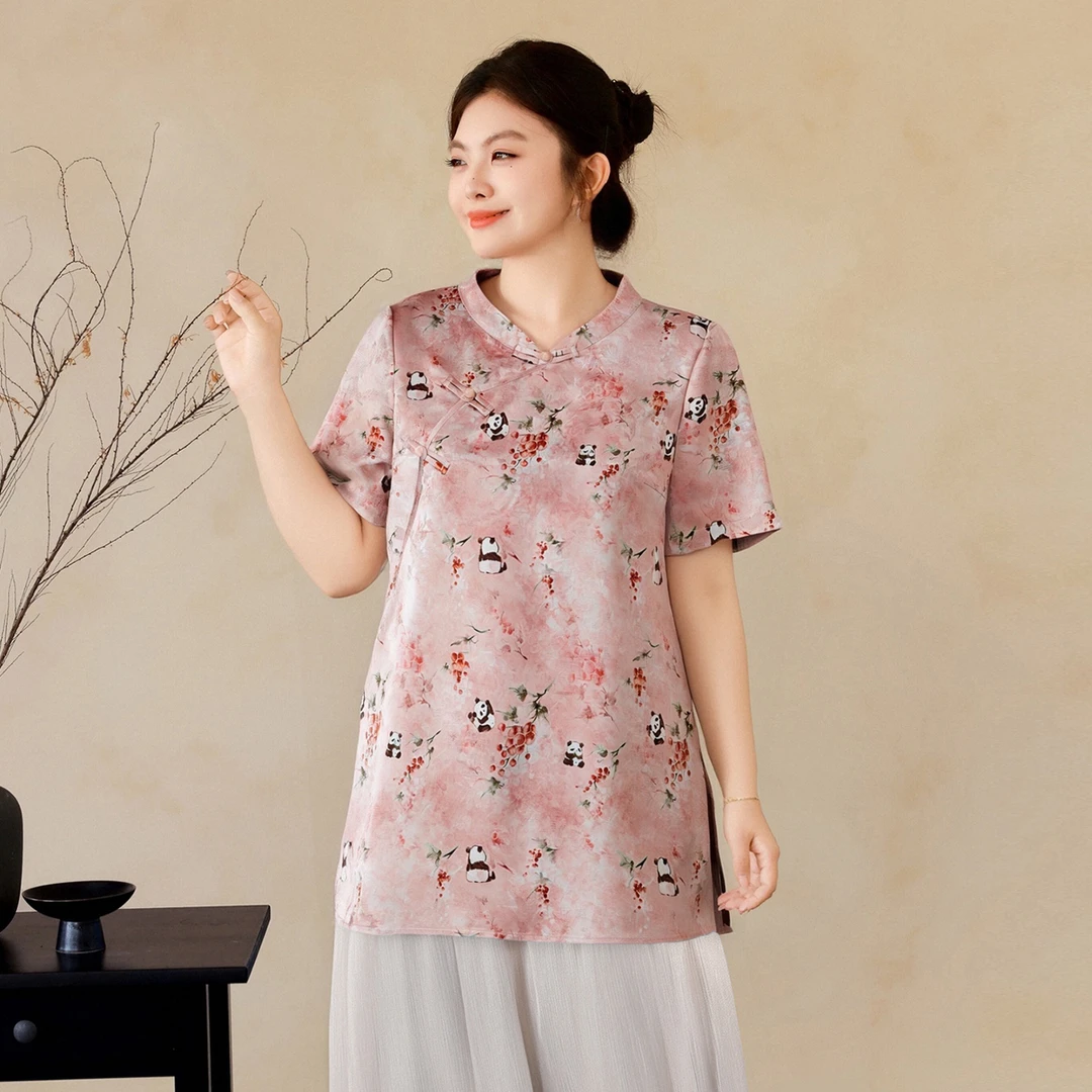 【新中式提花缎面小衫】MsShe大码女装夏盘扣立领中长短袖C2509042