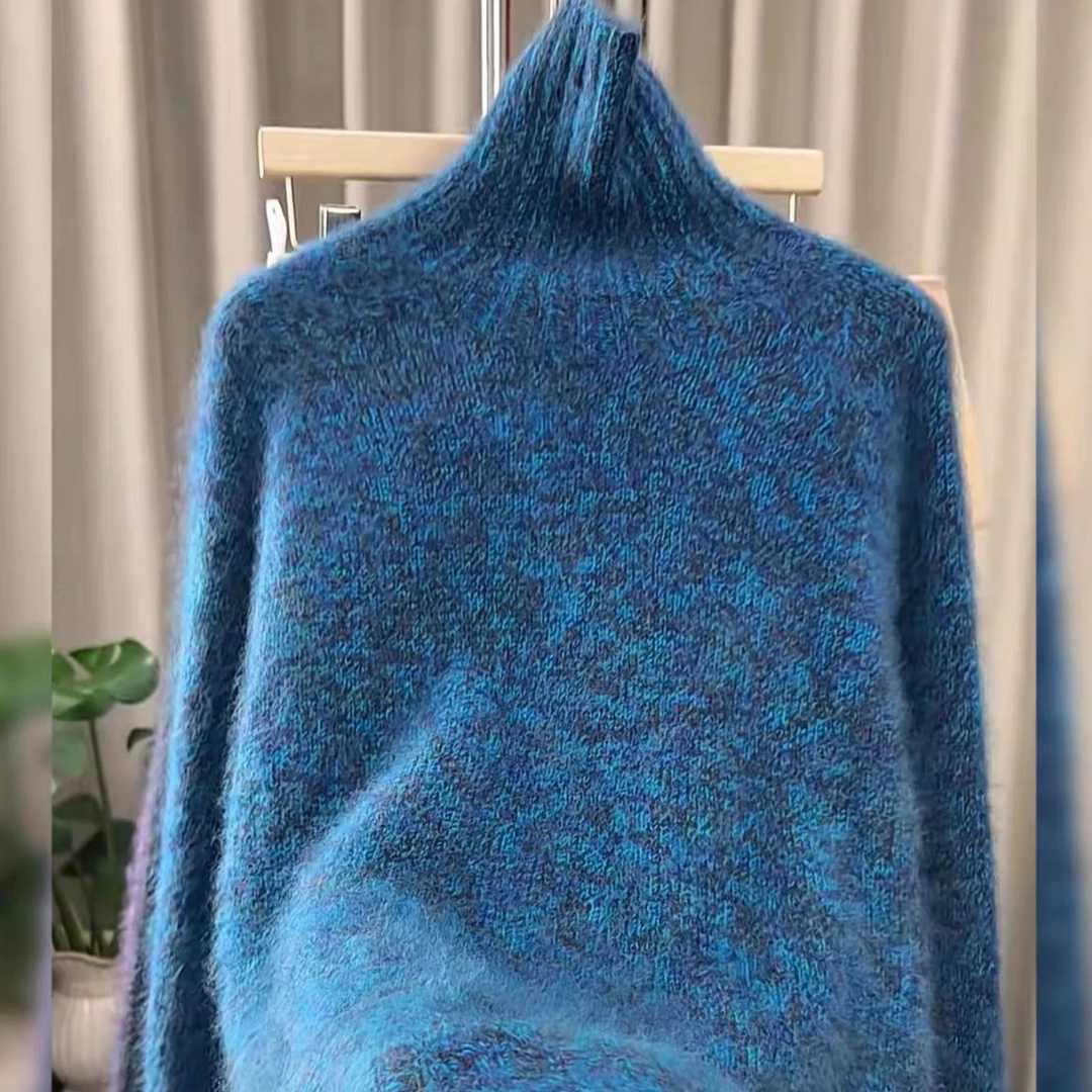 拉绒新款高领花纱针织衫女2025秋冬宽松显瘦大码巨显白针织上衣