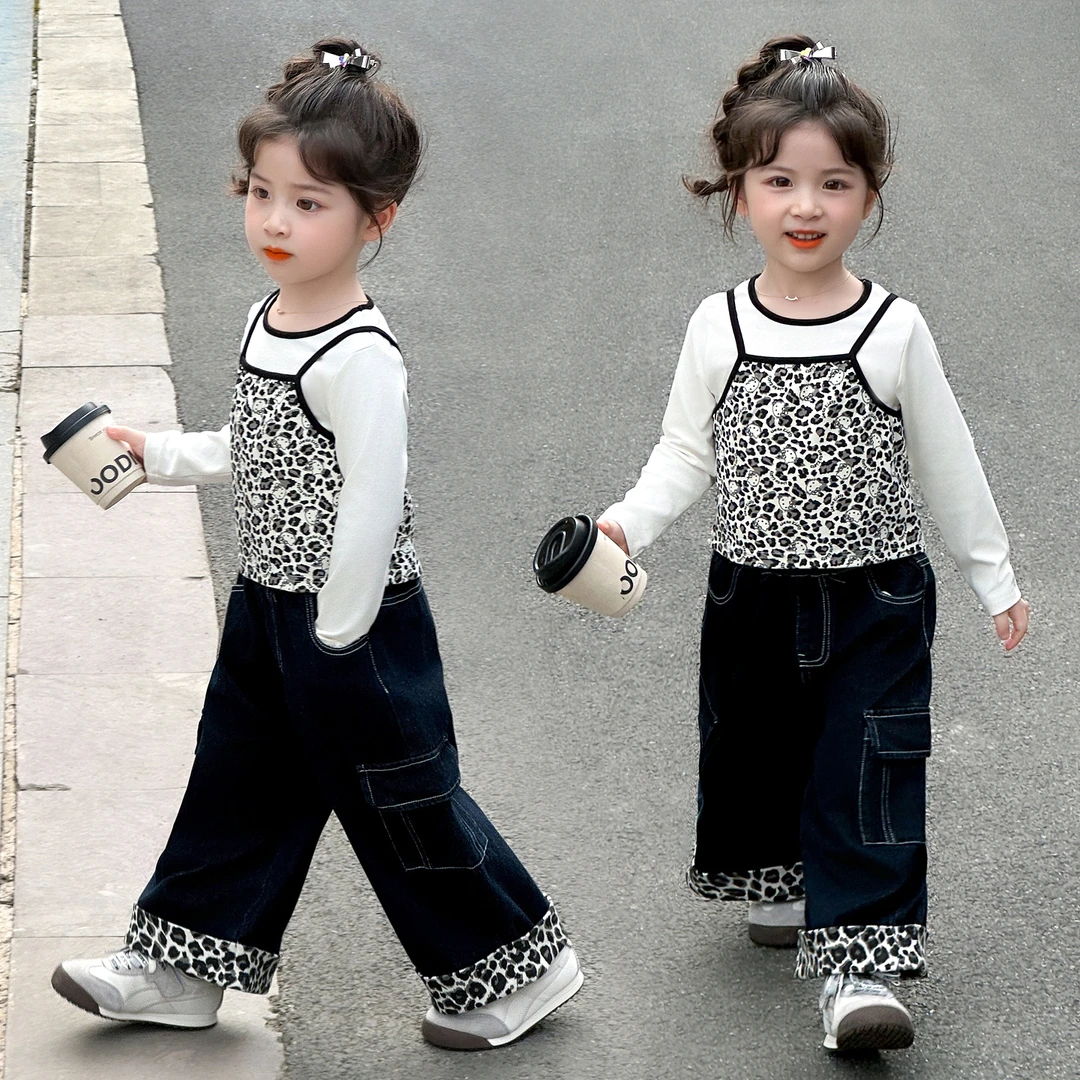 中小童秋季套装2025新款儿童韩版女宝宝时尚潮流豹纹牛仔裤三件套