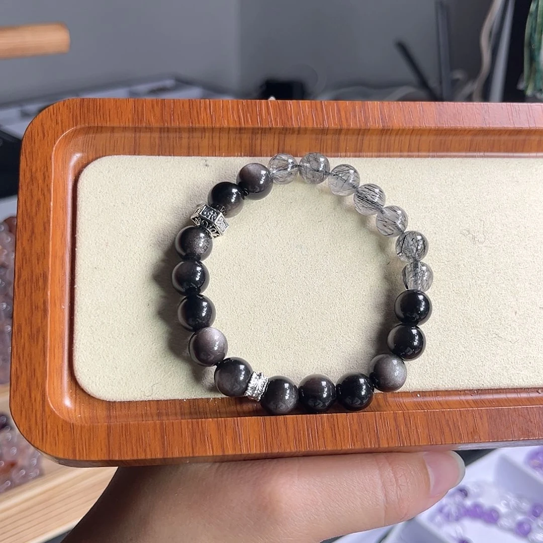 水晶手串未镶嵌银曜石 黑发晶9mm