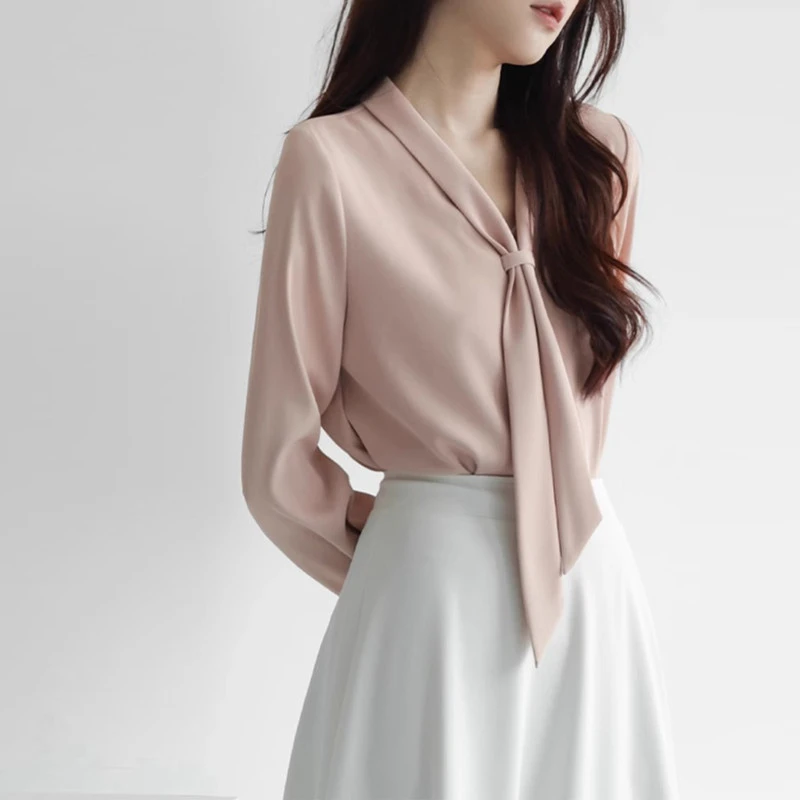 职业通勤粉色飘带衬衫女春秋公务员教师教资大学生面试正装套装女