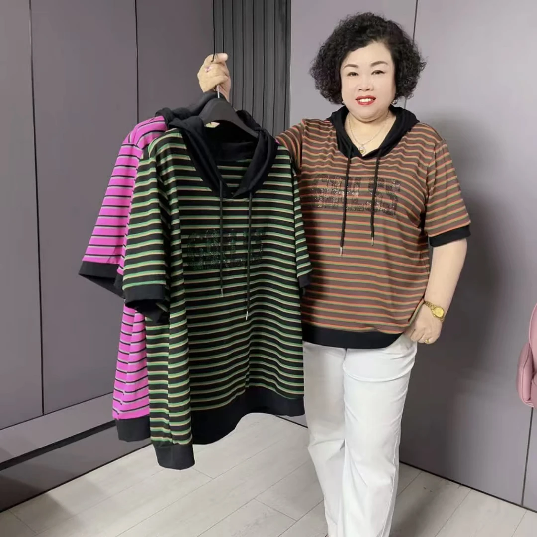 1882#时尚大码条纹休闲常规款T恤半袖女士百搭上衣衫