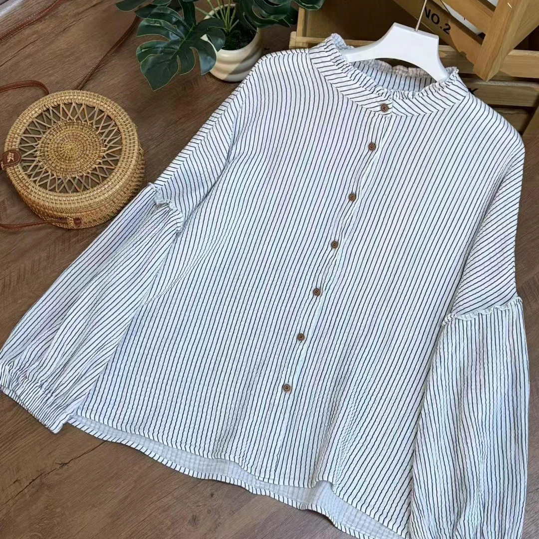 【云目悠悠】秋季亚麻新款时尚休闲木耳领条纹女士衬衫-2025155
