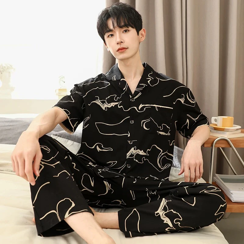 2025年新款睡衣男士夏季纯棉短袖长裤开衫家居服夏天套装cw