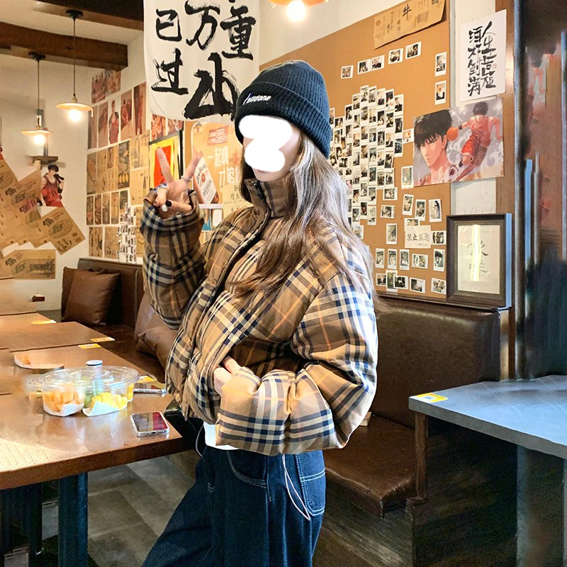 韩版格子面包服女款冬季小个子休闲宽松加厚保暖短款棉衣棉服外套