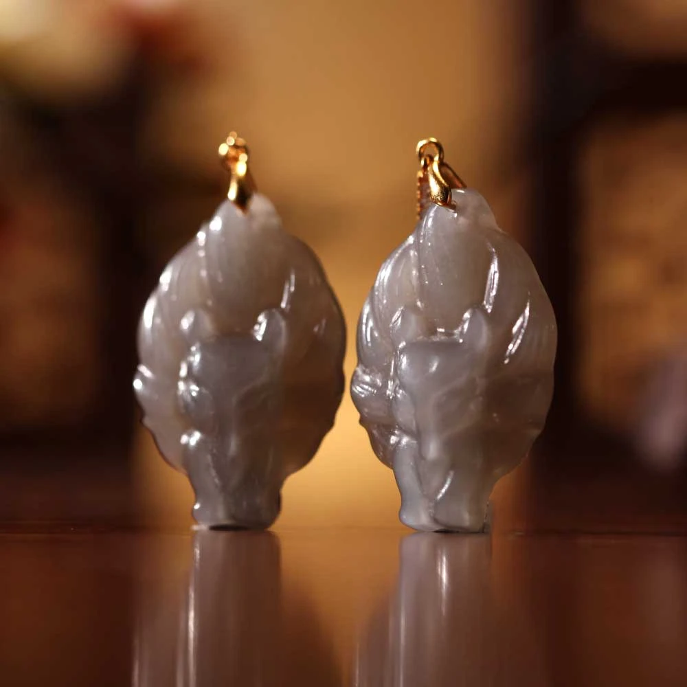 【德巧家】和田玉烟紫九尾狐耳饰S925银镶