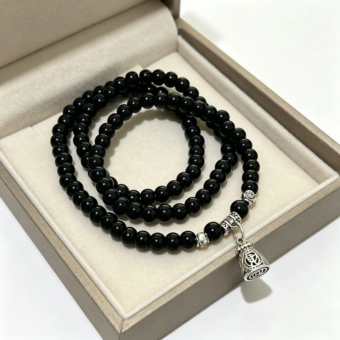 手链 LL50黑琉璃配钱袋三圈6mm
