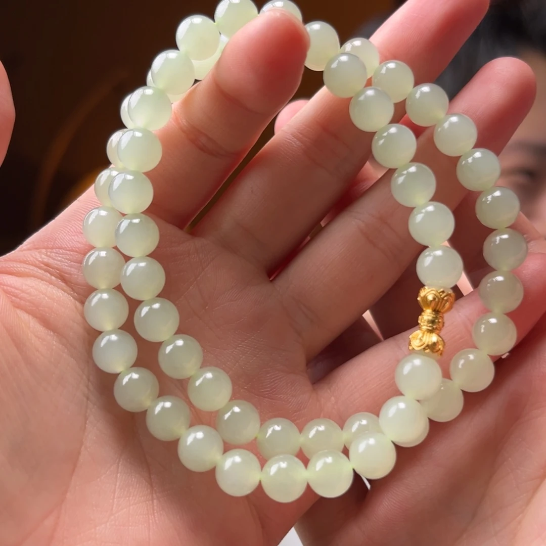 和田玉银S925镶嵌颈饰高冰晴水8mm妈妈链390