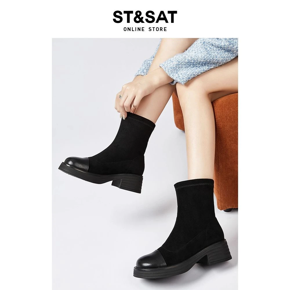 星期六/St&Sat黑色弹力袜靴女2025新款夏秋单靴连袜靴袜子鞋短靴