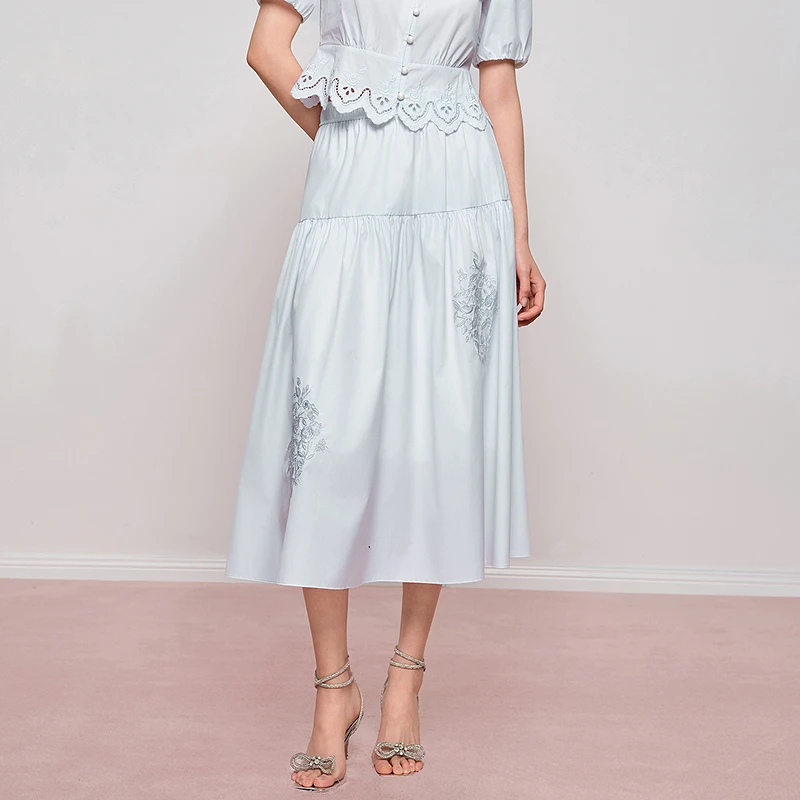 【清新微国风】新中式刺绣半身裙松紧腰DOUBLOVE贝爱2025夏季新款