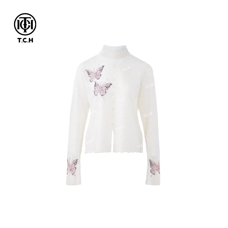 TCH服饰店-25年早春蝴蝶洋气白色高领针织衫T72C09E5166