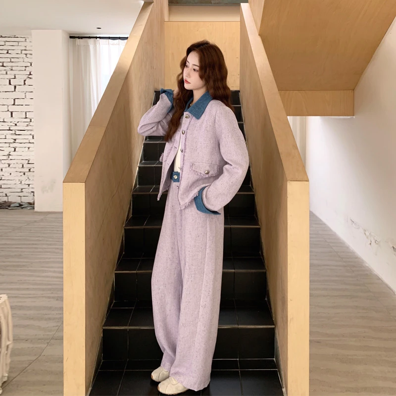 小香风牛仔拼接套装裤2025春秋新款简约通勤风韩系设计感两件套潮