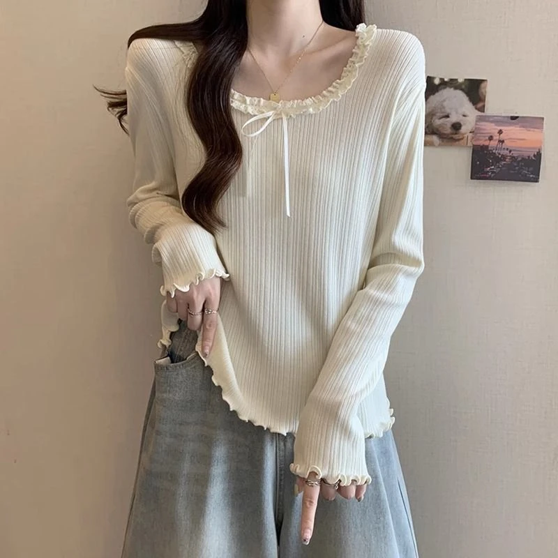 胖mm巨显瘦遮肉打底衫早秋大码穿搭蝴蝶结上衣韩版百搭针织衫长袖