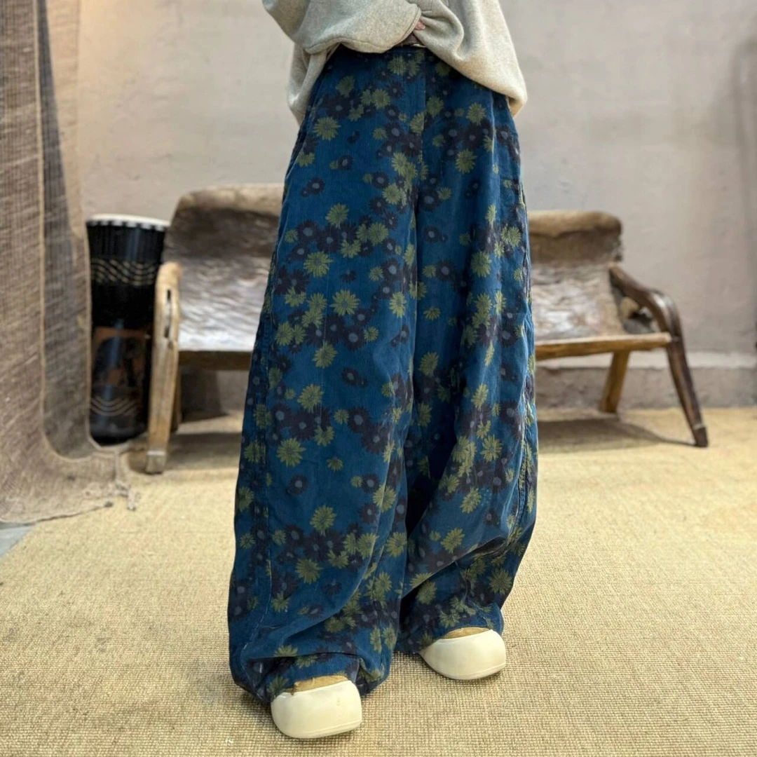 2510814忆古朴拙色织纯棉印花休闲裤秋冬百搭双层条绒直筒裤女