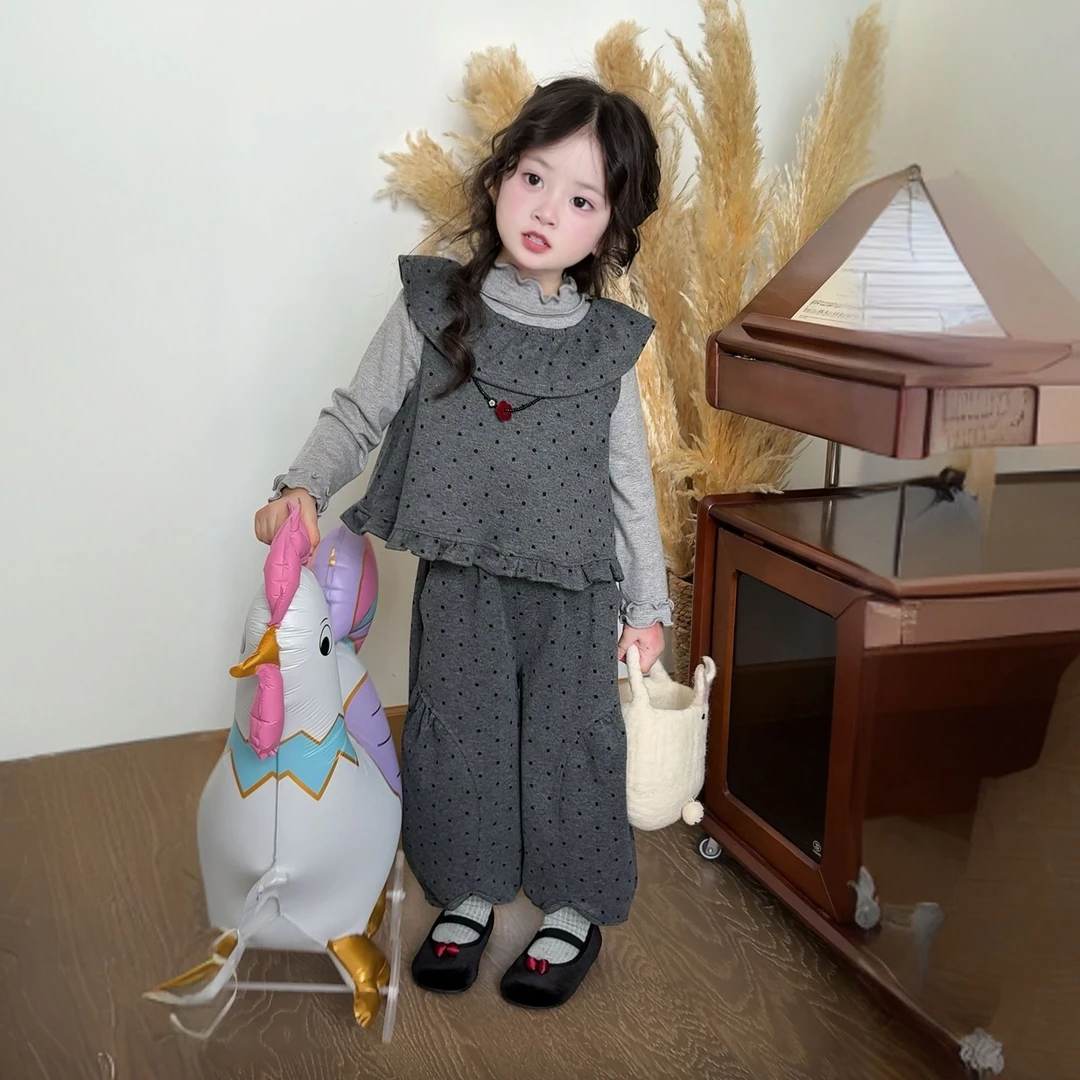 女童韩版套装2025新款春秋季儿童宝宝花边波点马甲阔腿裤