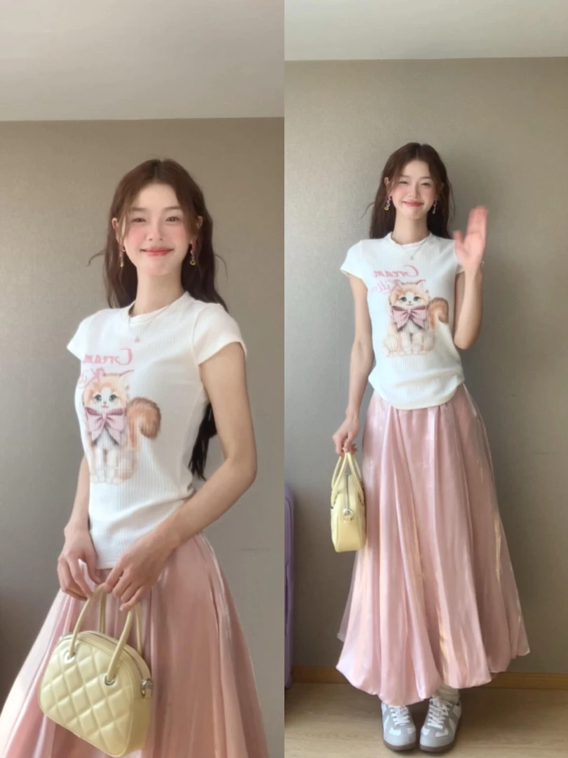 韩系少女风猫咪印花小飞袖t恤女夏季小个子甜美修身显瘦短袖上衣