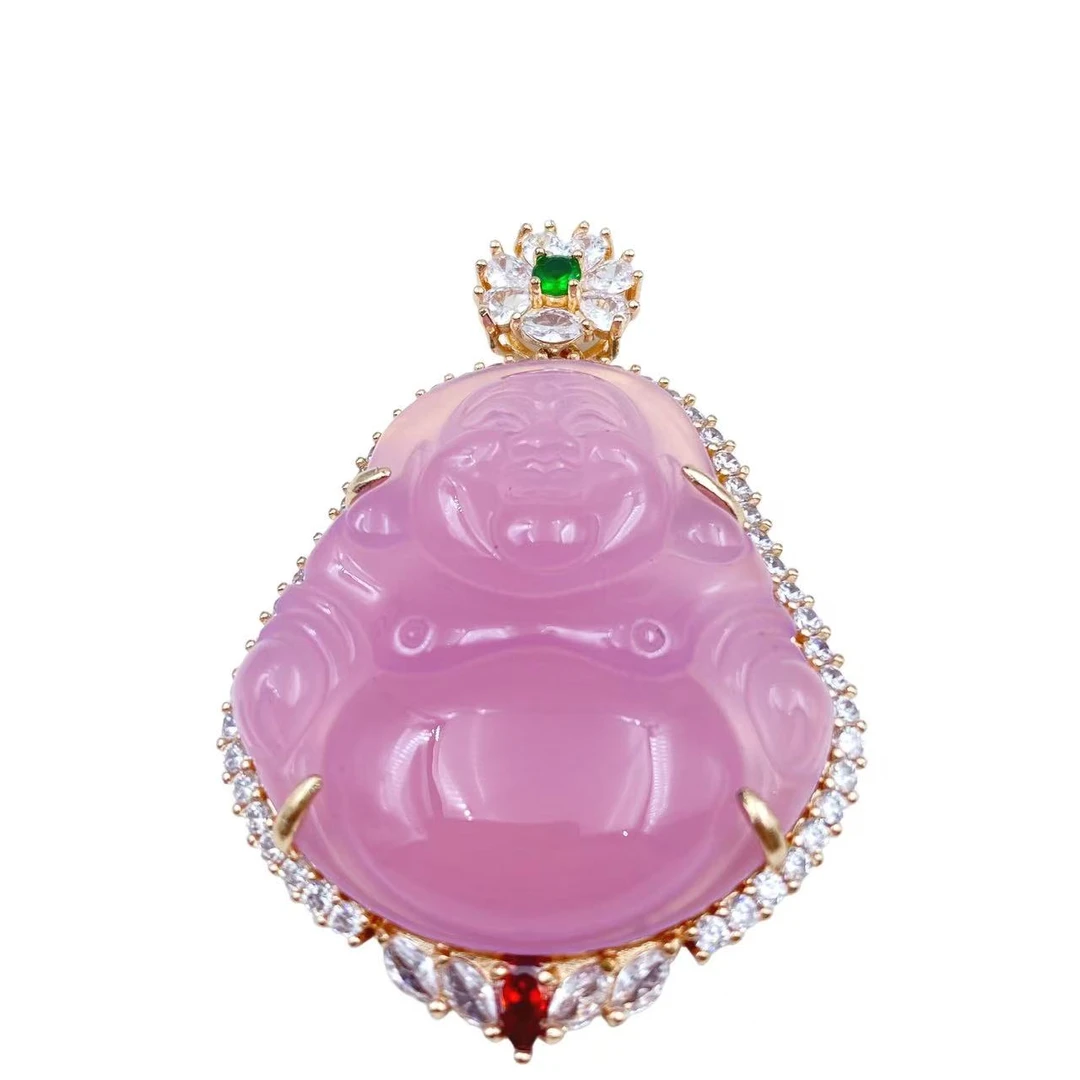 樱花粉满钻玛瑙大肚佛公吊坠Y339J（不含链）