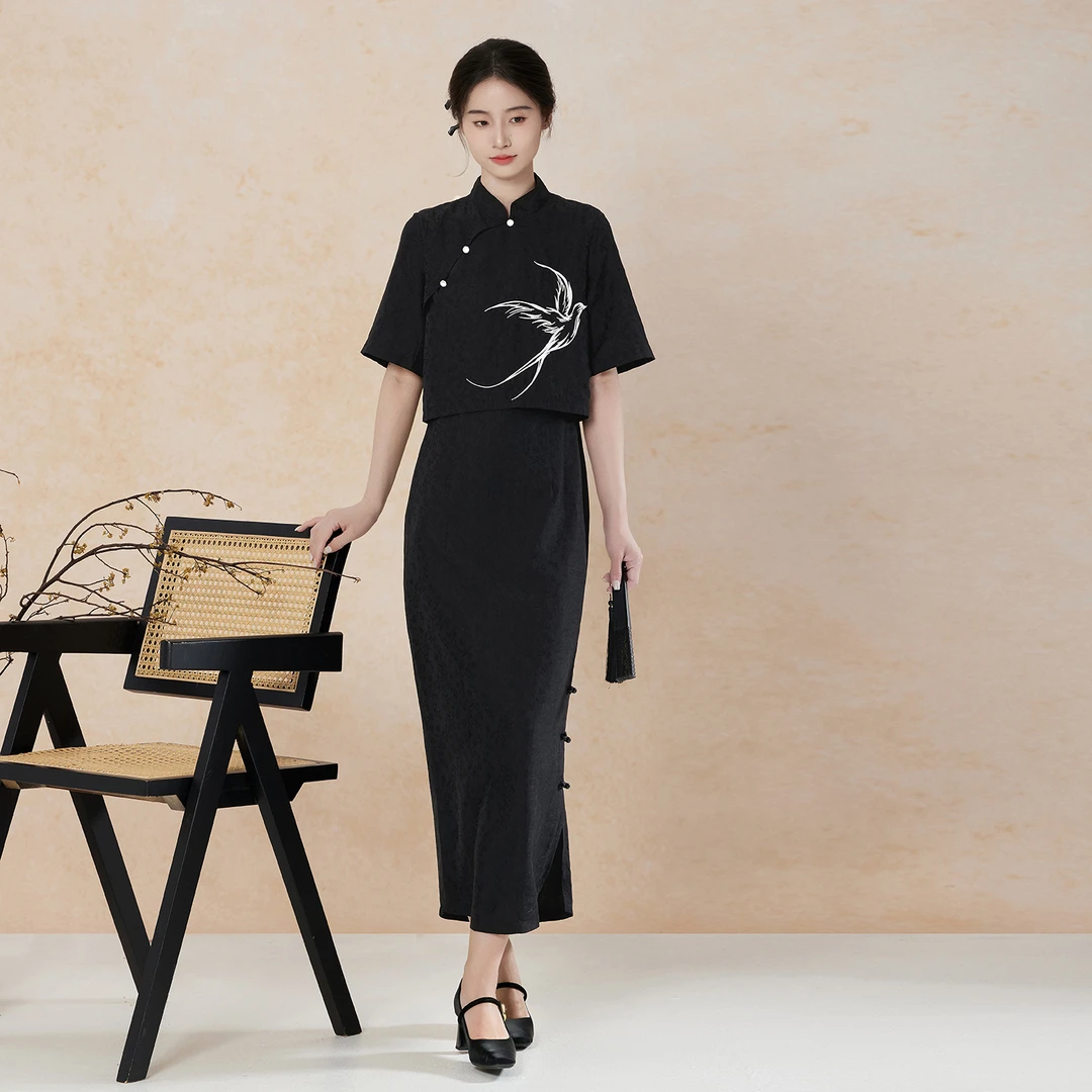 星河汉歌（南枝）新中式国风立领假两件夏季短改良袖旗袍连衣裙收腰