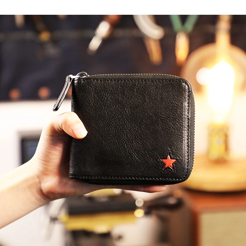 牛二家手工皮具五角星标志卡包零钱包经典百搭