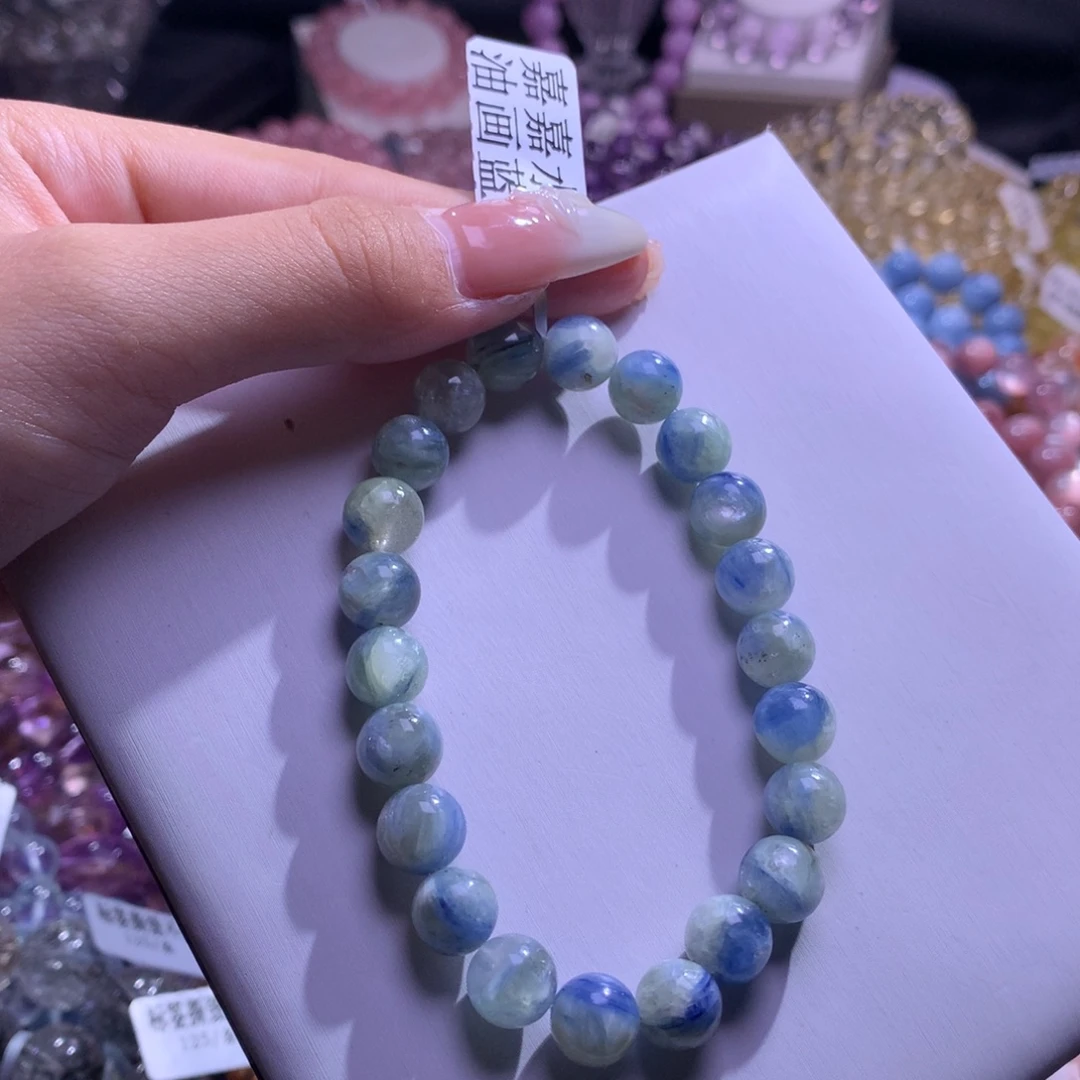 银S925镶嵌水晶手串油画蓝晶石9m+