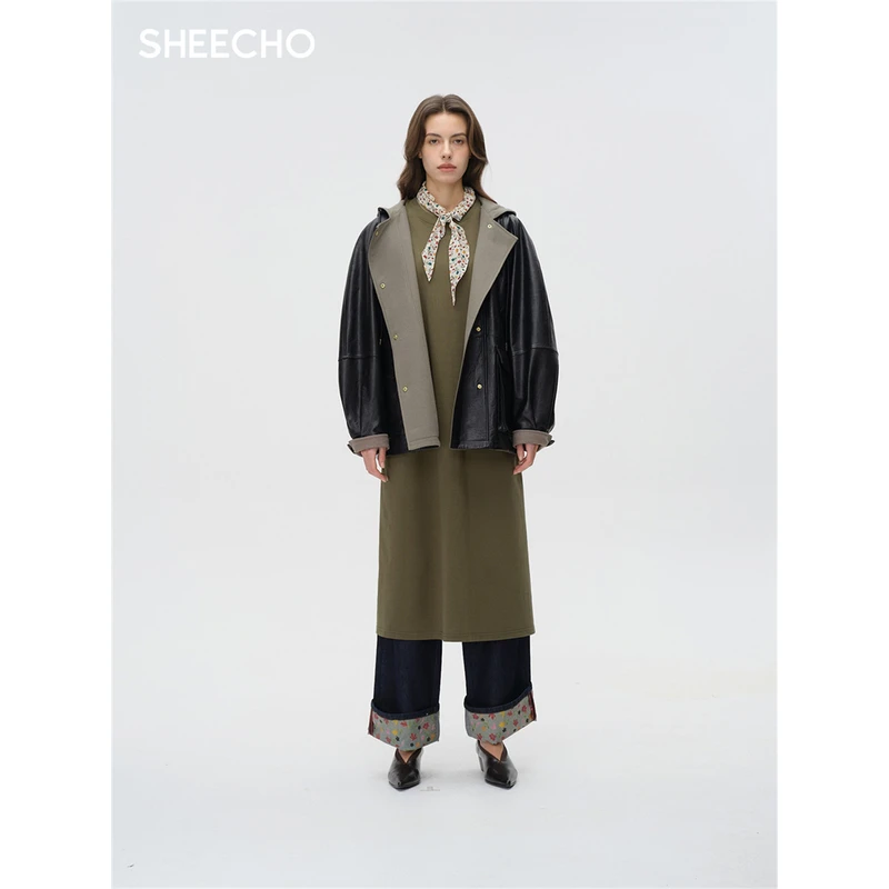 ASYUS设计师品牌25PF早秋多口袋明线撞色皮外套女上衣外套SHEECHO