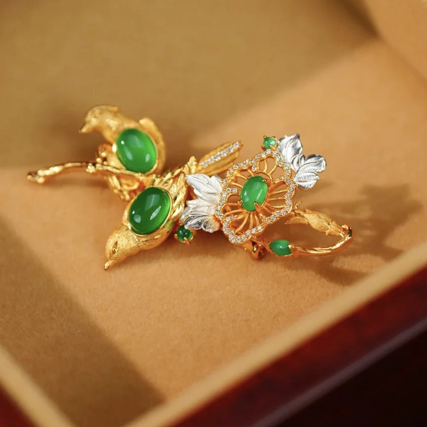 925银胸针 [鸟气花枝]s925银镶嵌鸟花枝胸针吊坠手工气质复古国风