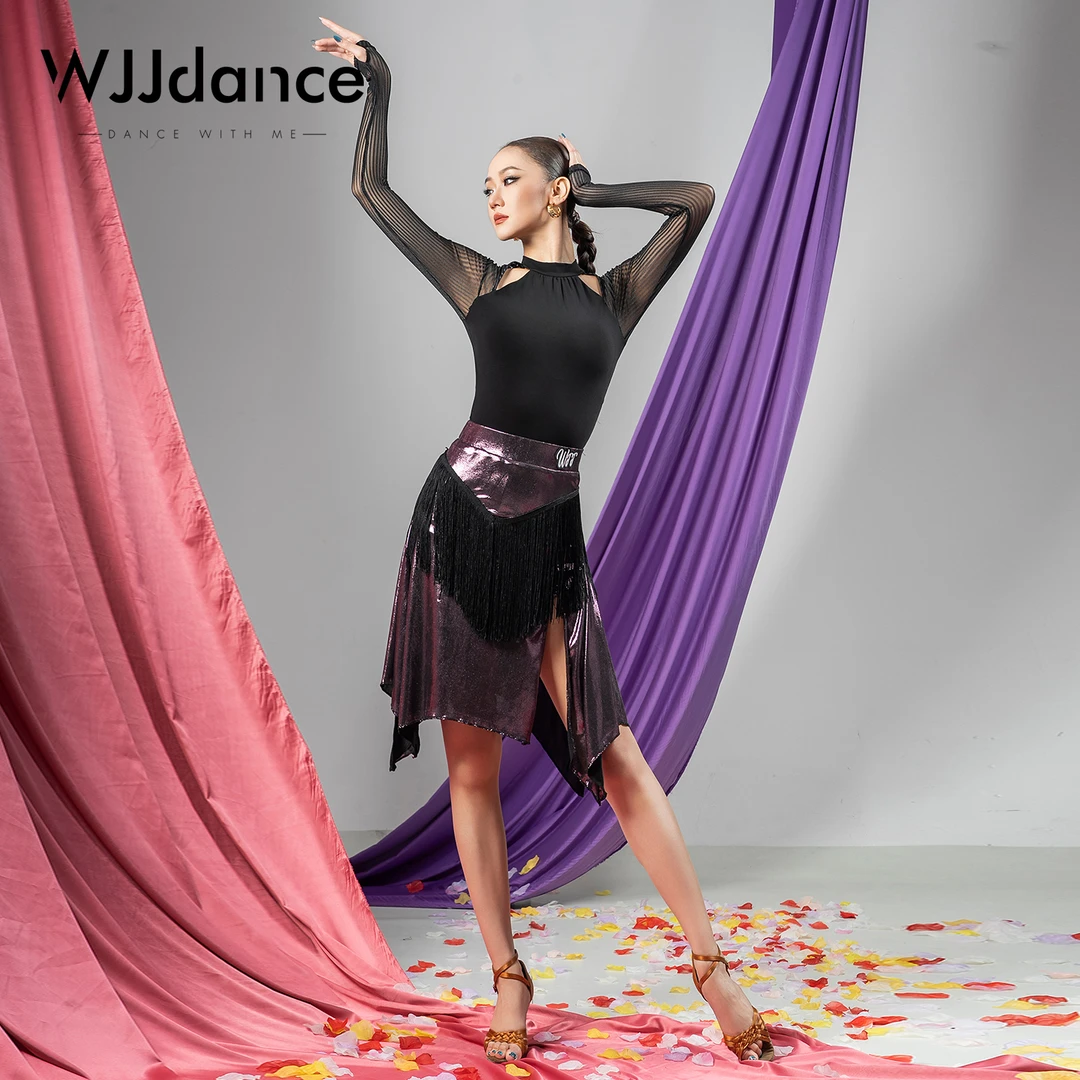 WJJdance拉丁舞半身裙女2025新款罗纹烫银流苏开叉短裙练功服专业