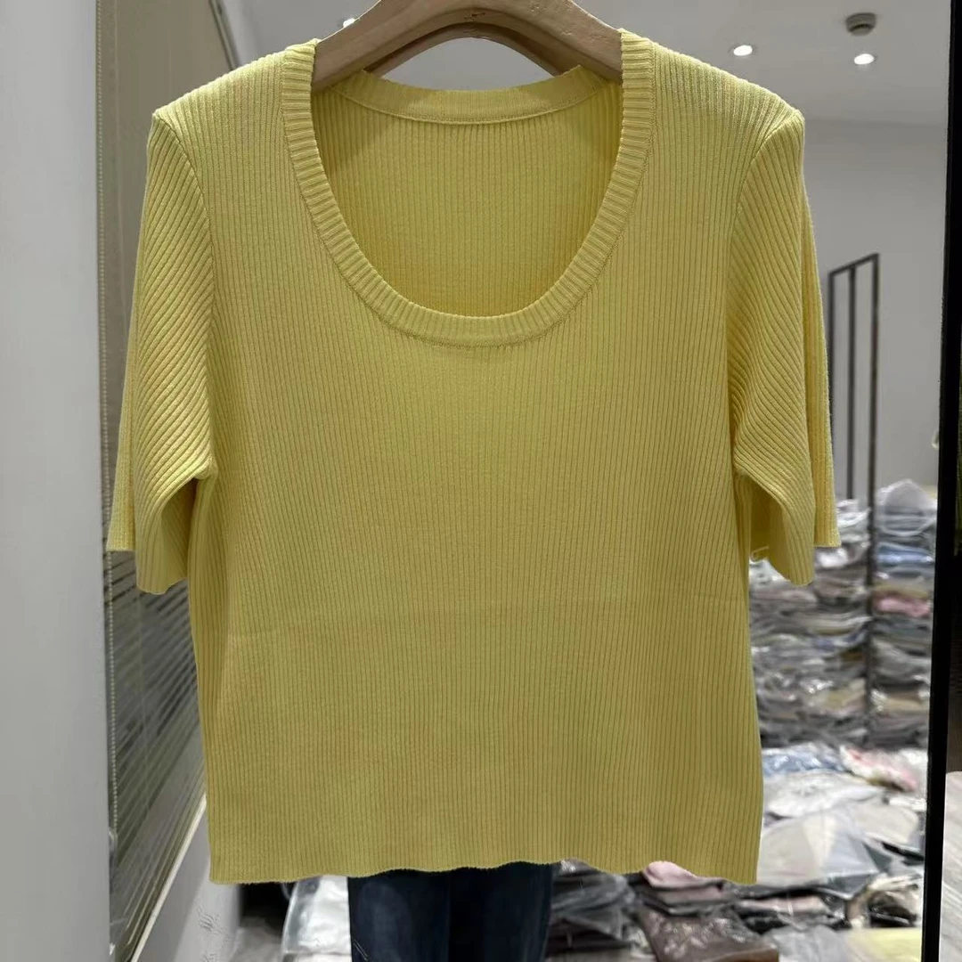 韩系鸡蛋领/U领时尚百搭天丝纯色薄款气质短袖92209