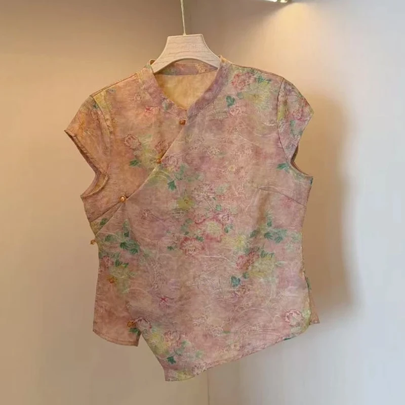 新中式国风复古印花不规则短袖衬衫女2025年夏季新款时尚显瘦上衣