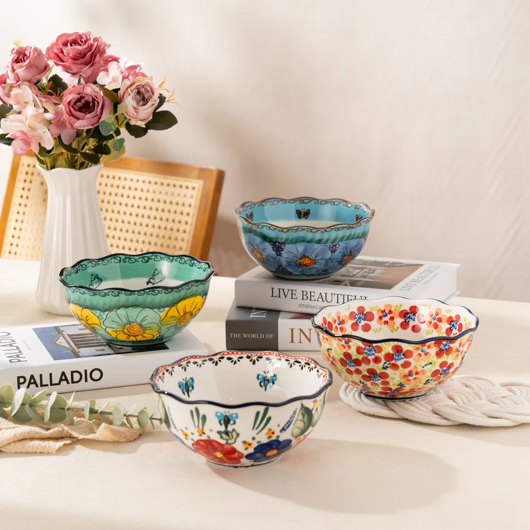 【四色花边碗】新疆包邮手绘轻奢家用6.5英寸花边碗汤饭碗