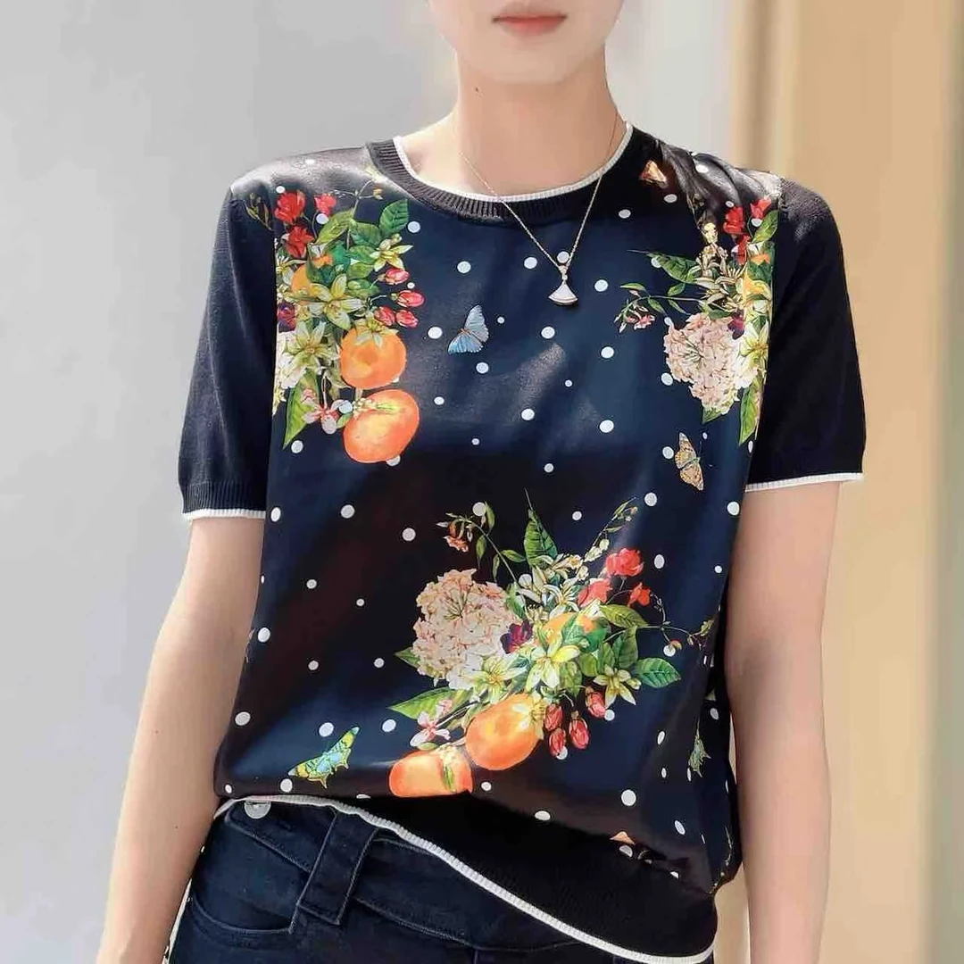 SS【25044】2025夏3D立体印花桑蚕丝拼接短袖上衣