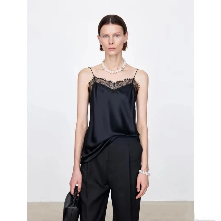 杰瑞【蕾丝诱惑】进口光泽感法式优雅蕾丝领边百搭吊带女背心