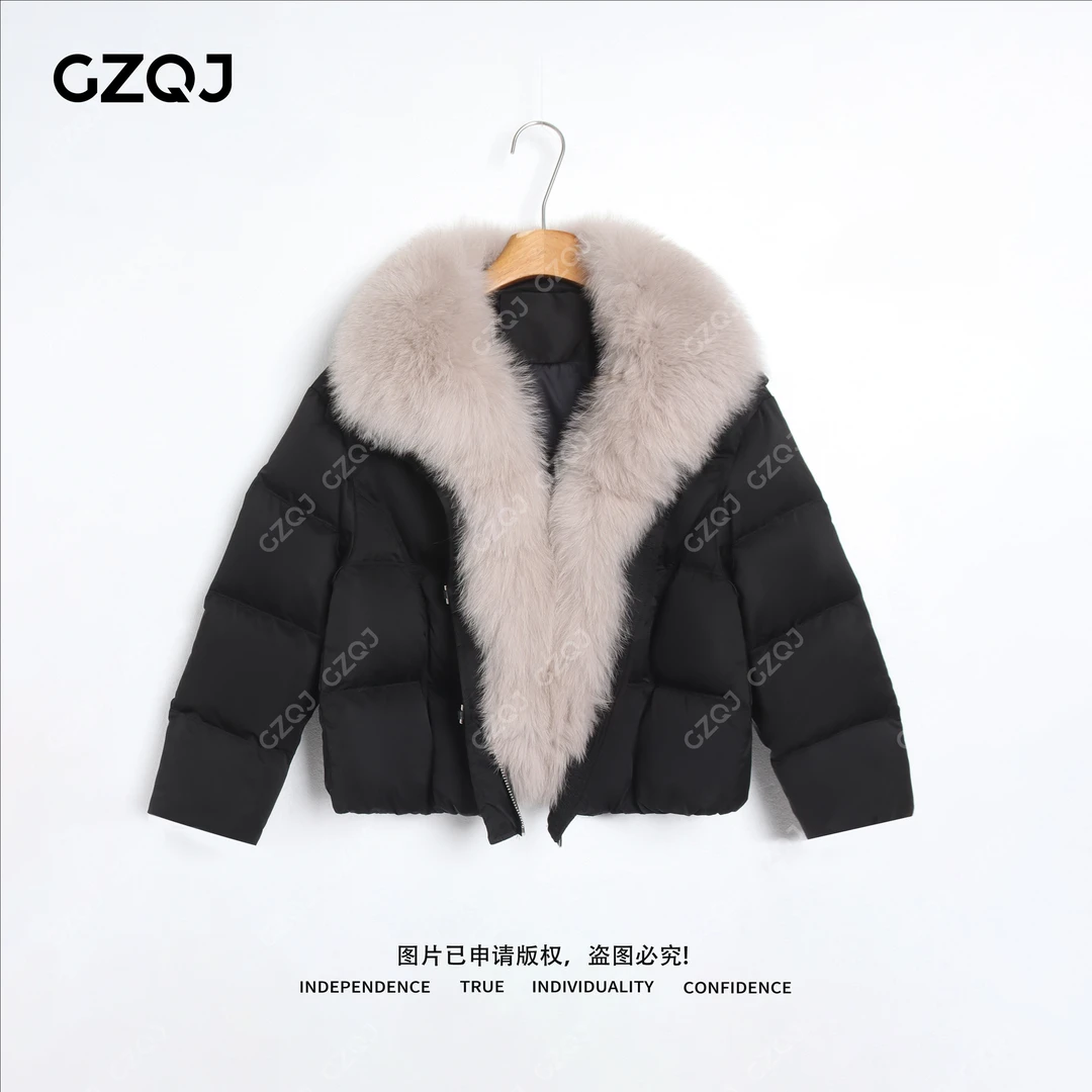 老琴私服【墨玉暖芙】90白鸭绒狐狸毛保暖短外套大毛领羽绒服女9770
