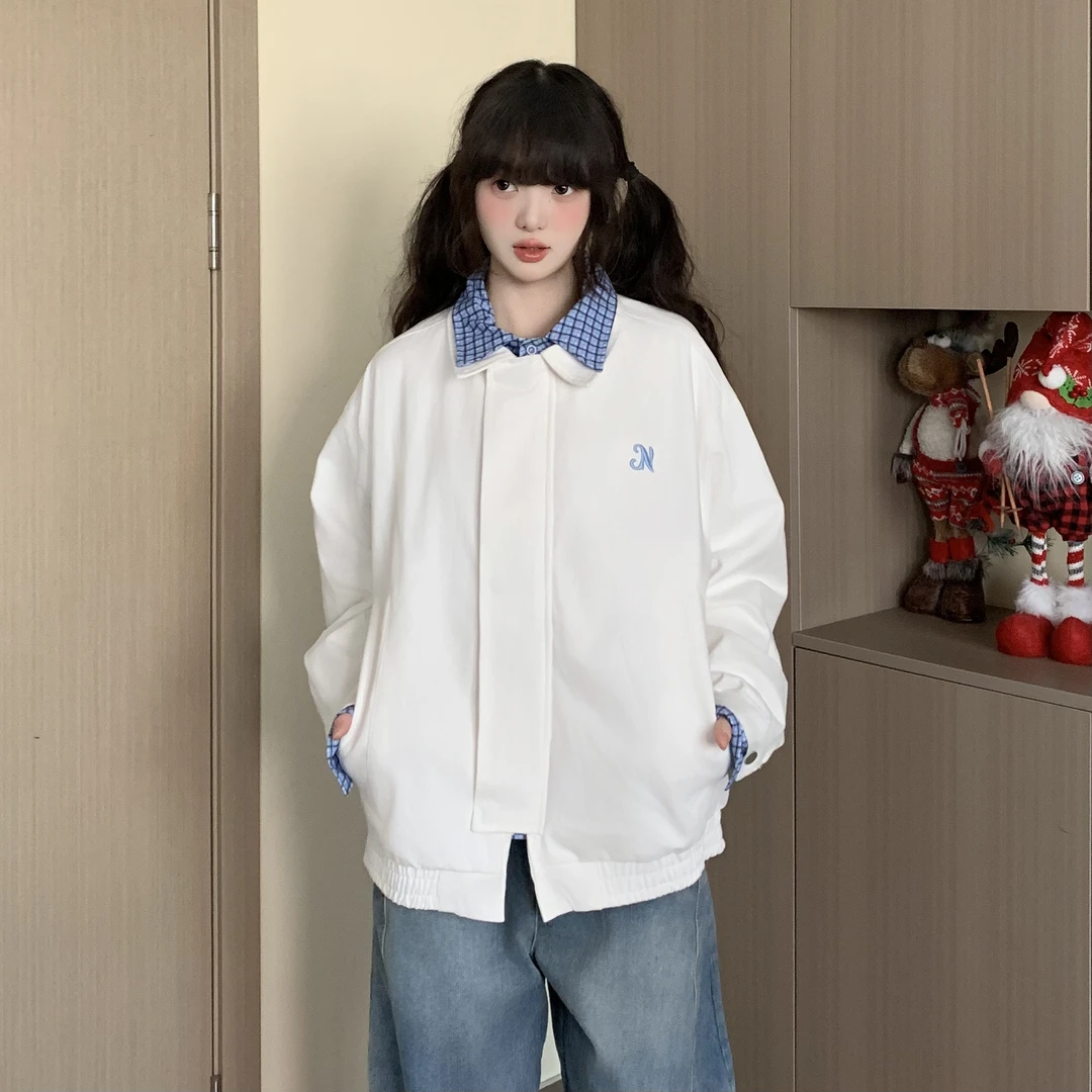 EZEK春季新款2025格子衬衫拼接假两件外套男女情侣日系翻领复古潮