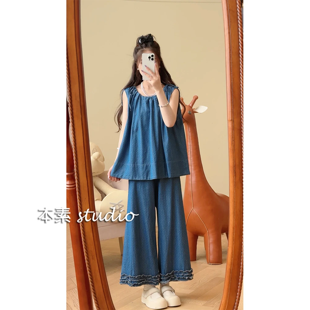 牛仔很忙Y2969波点提花领口抽绳圆领马甲松紧腰阔腿裤套装