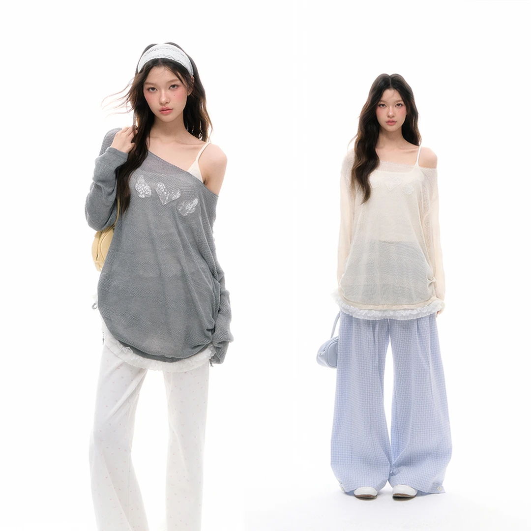 【达人专属】CyNi休闲宽松百搭蕾丝拼接长袖爱心翅膀花边套头罩衫