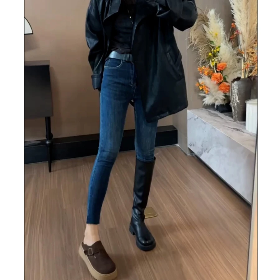 蓝色高腰牛仔裤女2025秋秋新款修身显瘦紧身弹力小个子九分小脚裤