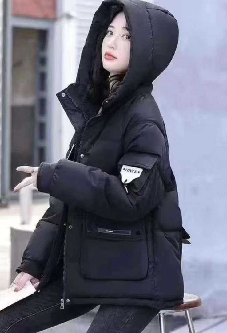 2283#口袋白标款连帽棉衣外套女士休闲百搭韩版时尚简约潮流冬季